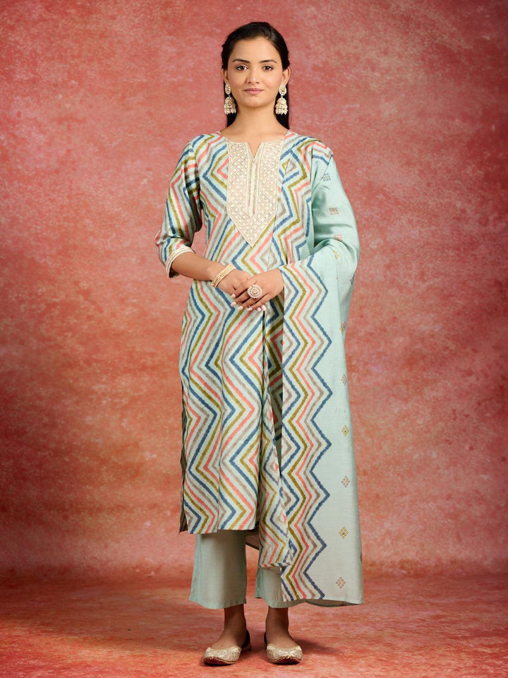 Blue Printed Silk Blend Straight Kurta With Trousers & Dupatta - ShopLibas