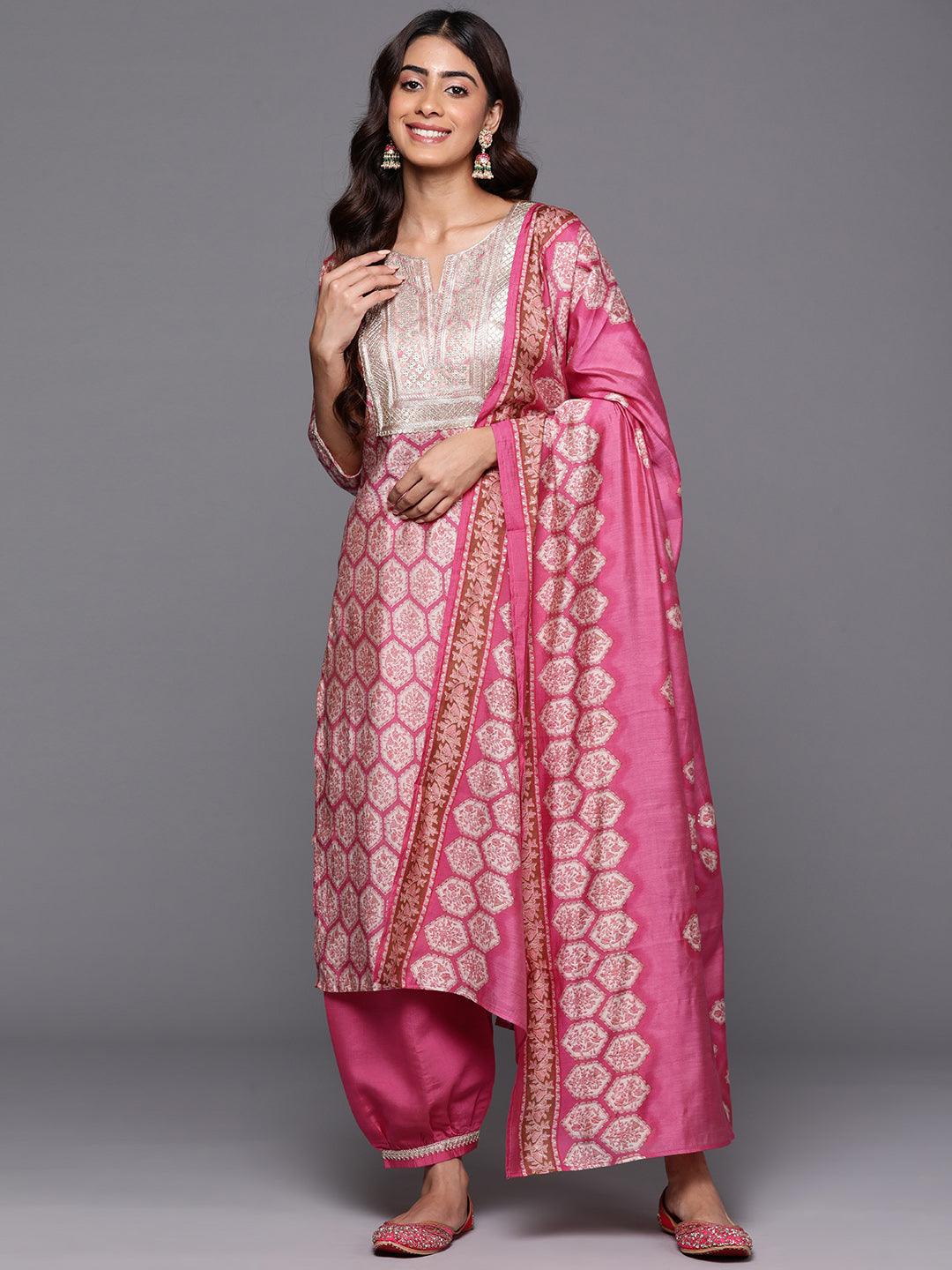 Pink Printed Silk Blend Straight Kurta With Salwar & Dupatta - ShopLibas