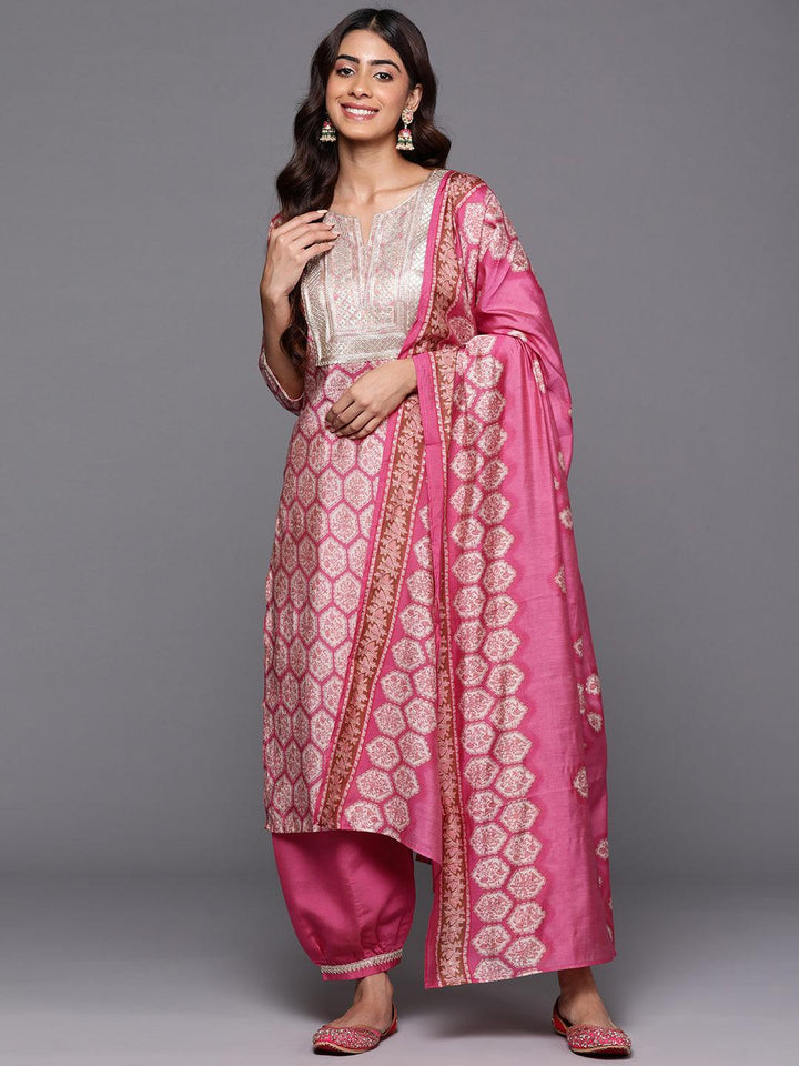 Pink Printed Silk Blend Straight Kurta With Salwar & Dupatta - ShopLibas