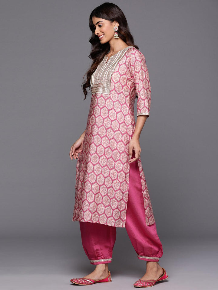 Pink Printed Silk Blend Straight Kurta With Salwar & Dupatta - ShopLibas