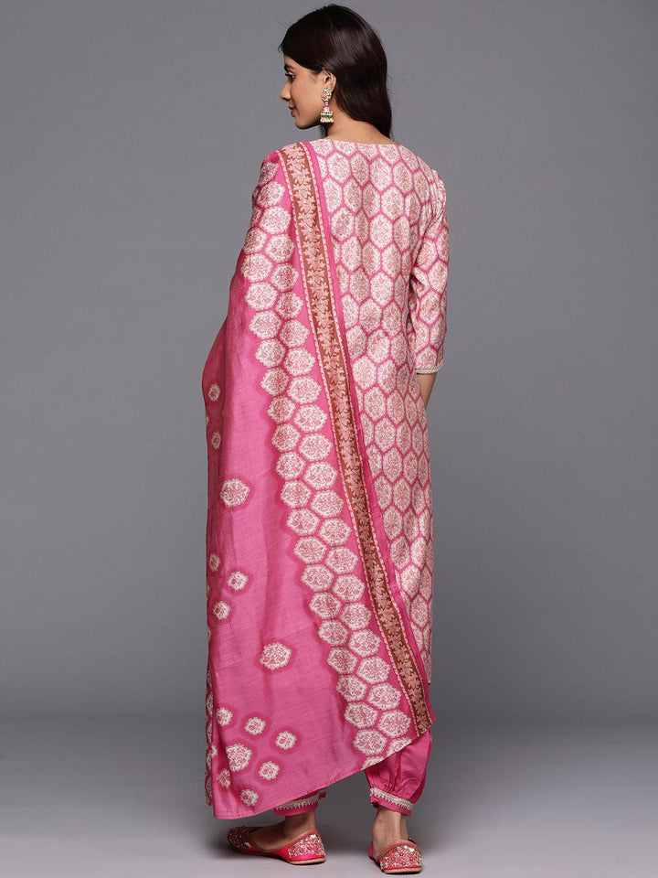 Pink Printed Silk Blend Straight Kurta With Salwar & Dupatta - ShopLibas