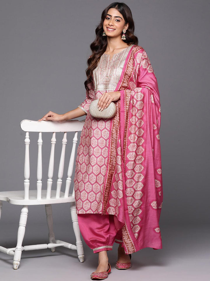 Pink Printed Silk Blend Straight Kurta With Salwar & Dupatta - ShopLibas