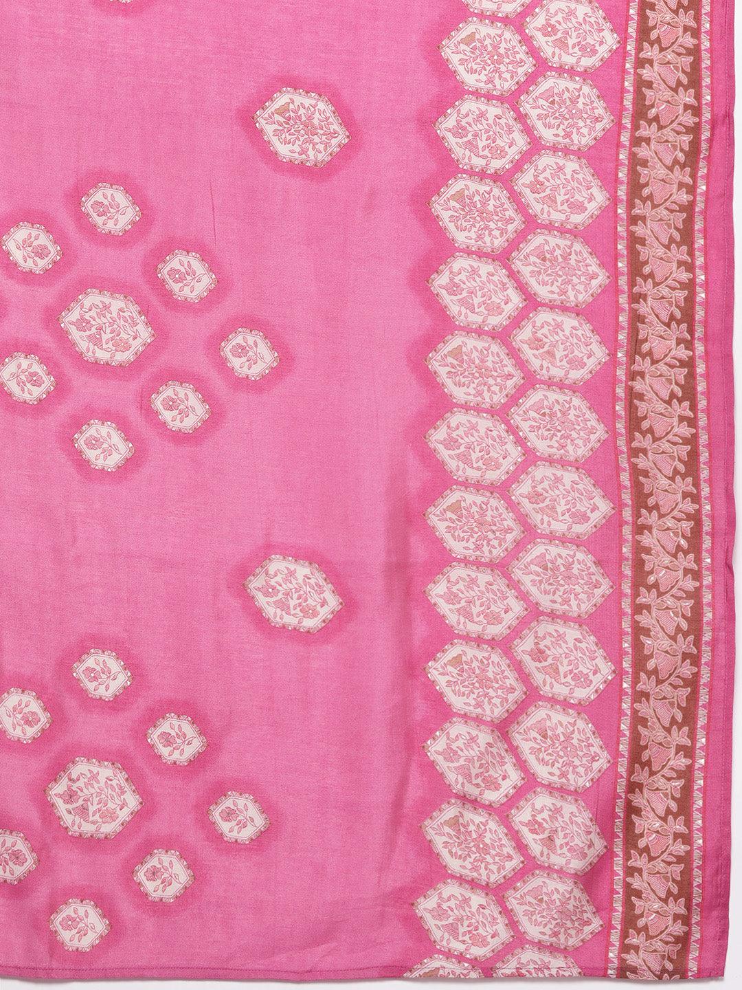 Pink Printed Silk Blend Straight Kurta With Salwar & Dupatta - ShopLibas