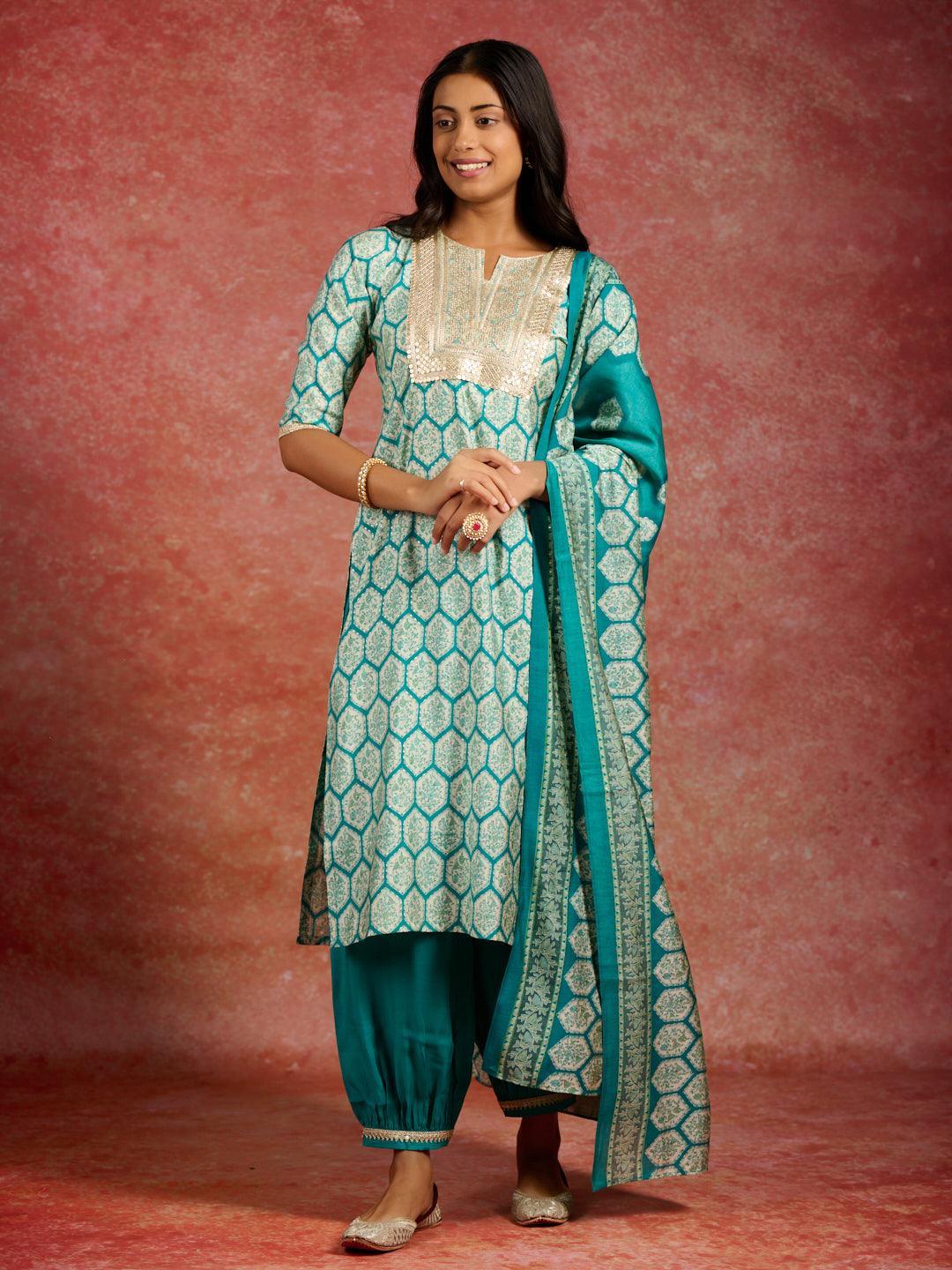 Blue Printed Silk Blend Straight Kurta With Salwar & Dupatta - ShopLibas