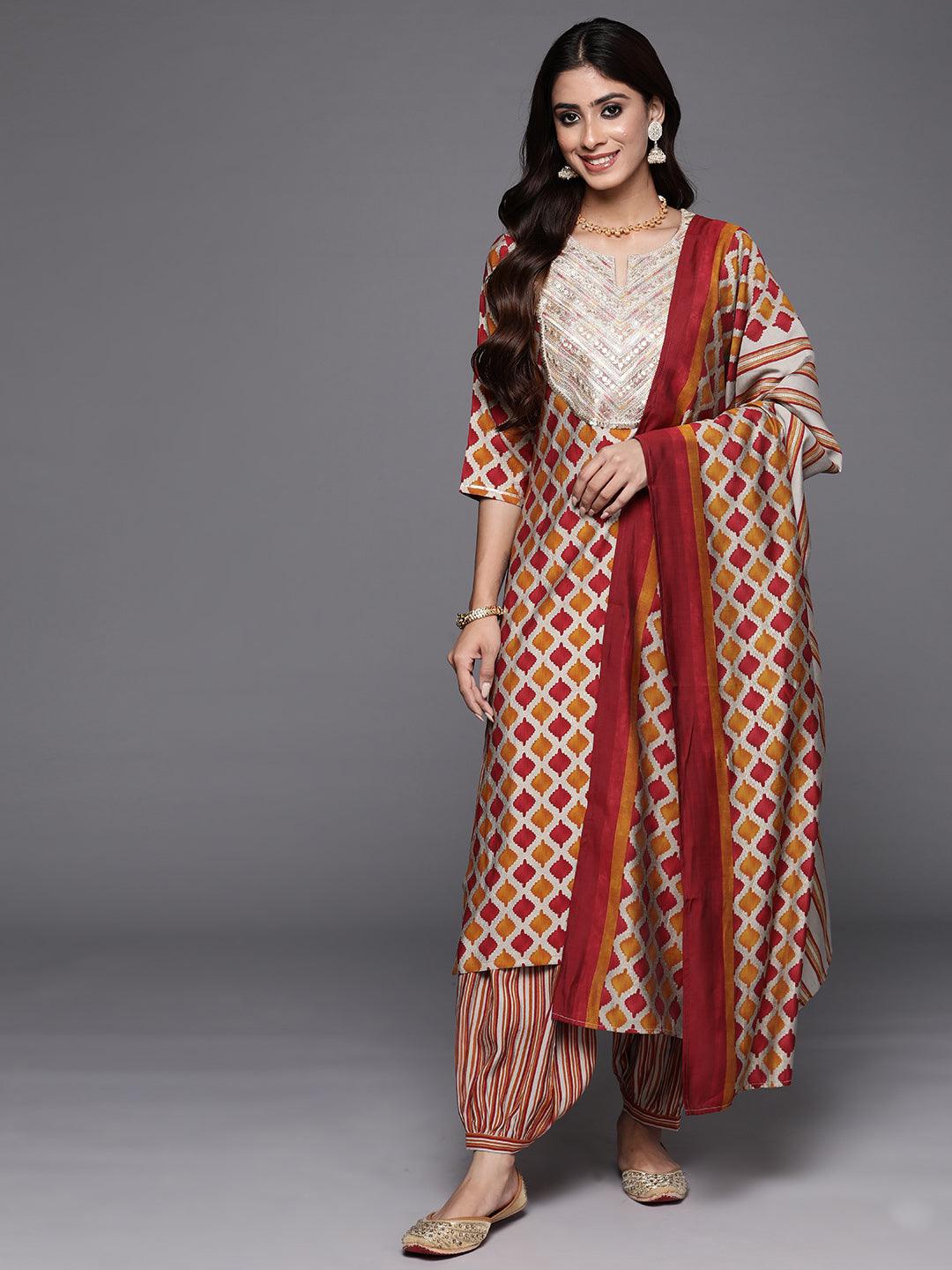 Multi Printed Silk Blend Straight Kurta With Salwar & Dupatta - ShopLibas