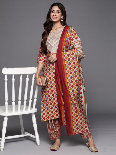 Multi Printed Silk Blend Straight Kurta With Salwar & Dupatta - ShopLibas