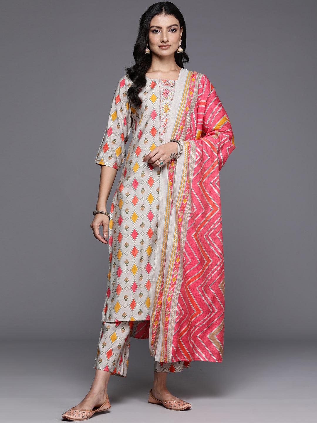 Multi Printed Silk Blend Straight Kurta With Trousers & Dupatta - ShopLibas 