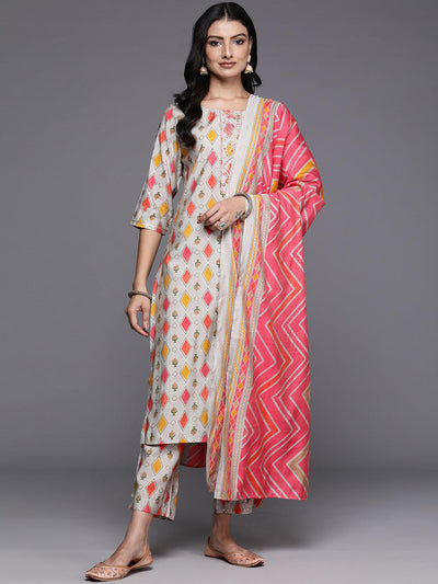 Multi Printed Silk Blend Straight Kurta With Trousers & Dupatta - ShopLibas