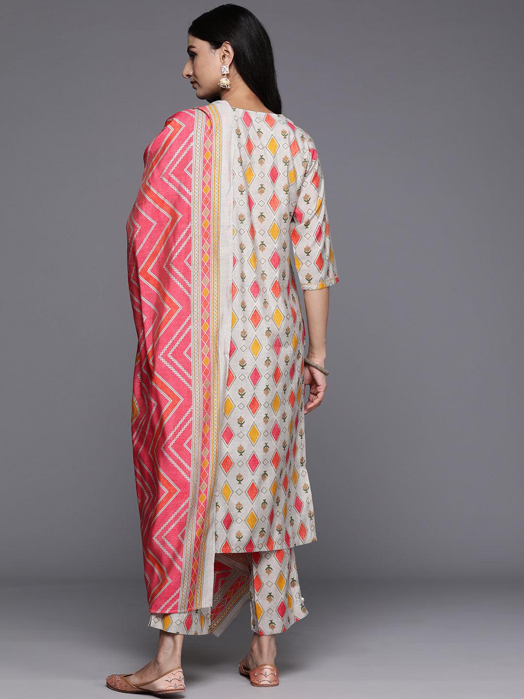 Multi Printed Silk Blend Straight Kurta With Trousers & Dupatta - ShopLibas 