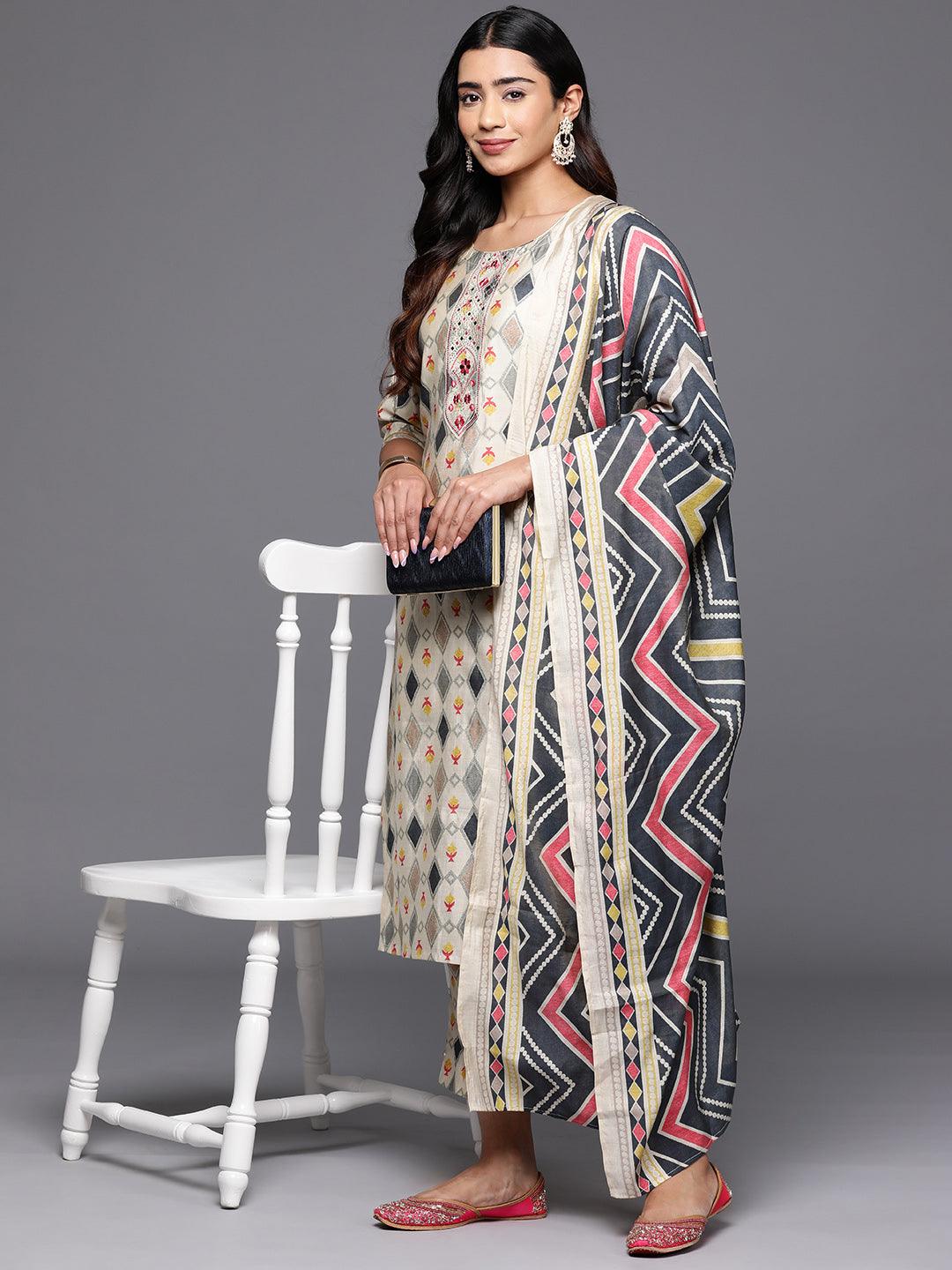 Multi Printed Silk Blend Straight Kurta With Trousers & Dupatta - ShopLibas 