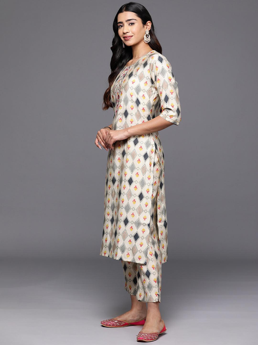 Multi Printed Silk Blend Straight Kurta With Trousers & Dupatta - ShopLibas 