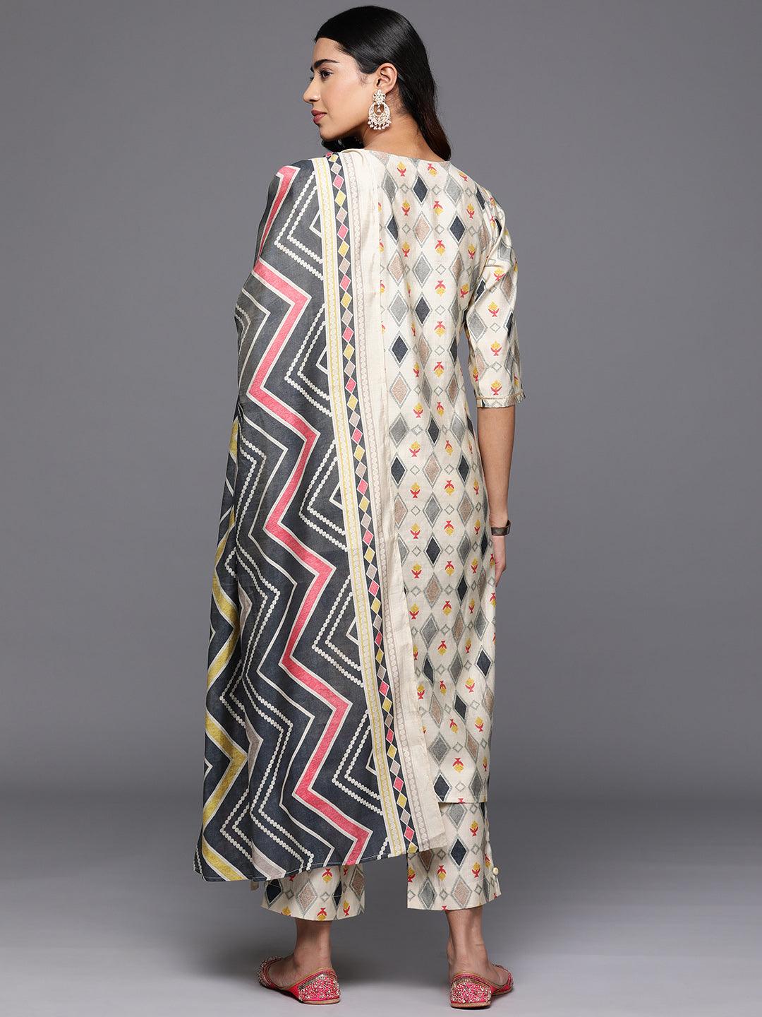 Multi Printed Silk Blend Straight Kurta With Trousers & Dupatta - ShopLibas 