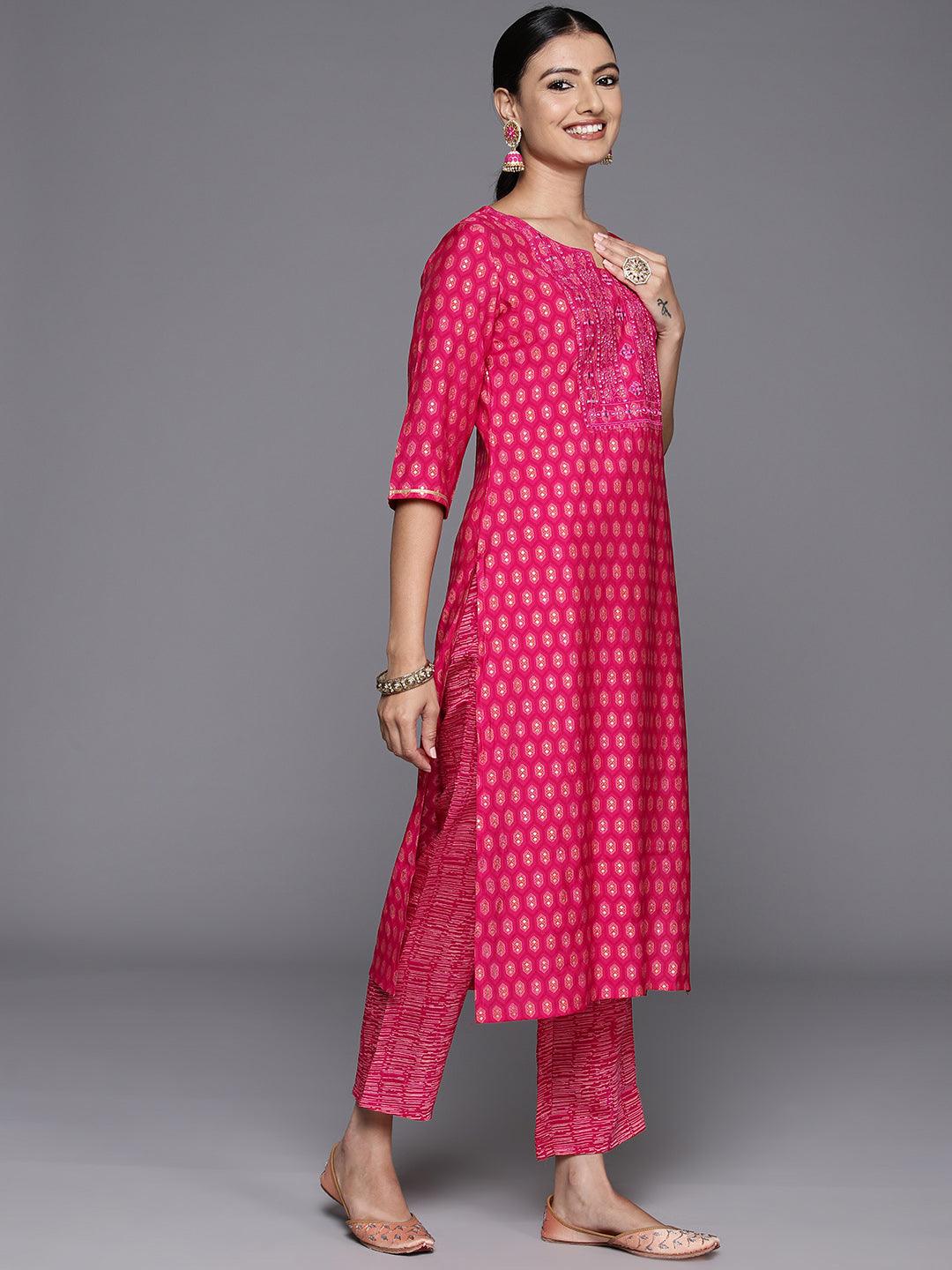 Pink Printed Silk Blend Straight Kurta With Trousers & Dupatta - ShopLibas 