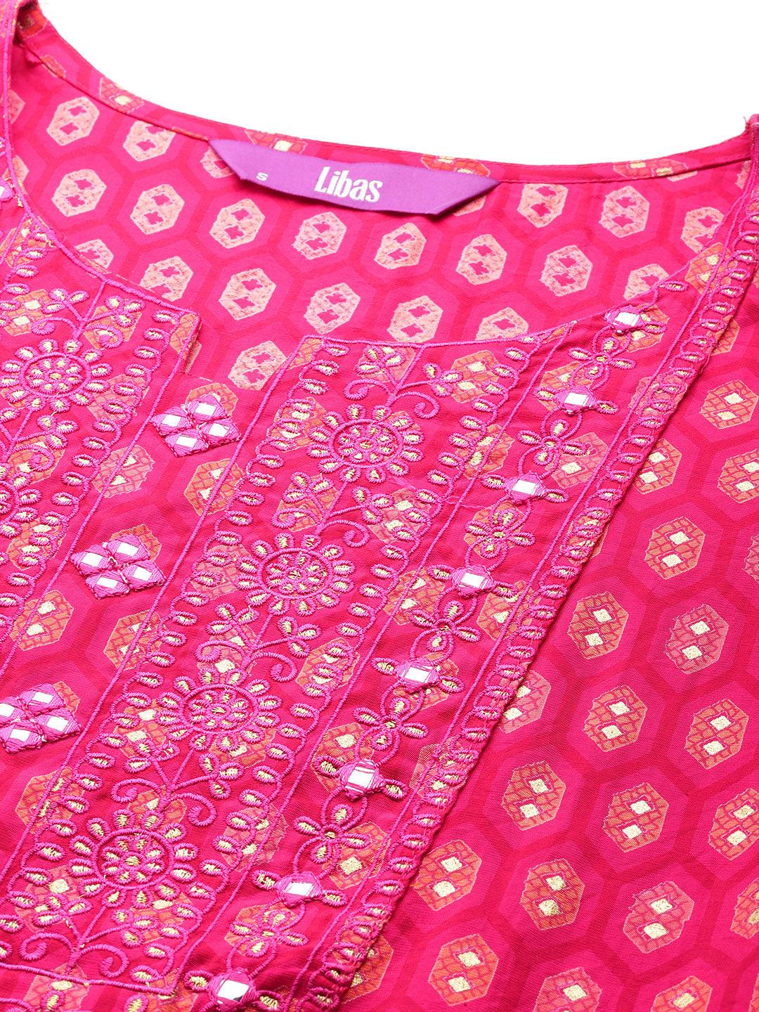 Pink Printed Silk Blend Straight Kurta With Trousers & Dupatta - ShopLibas 