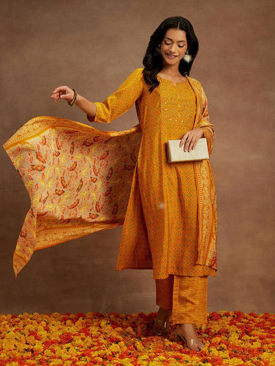 Yellow Printed Silk Blend Straight Kurta With Trousers & Dupatta - ShopLibas