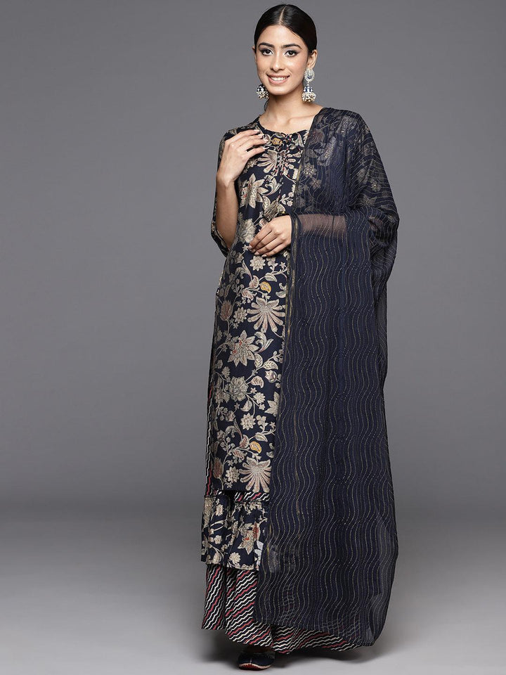 Blue Printed Silk Blend Straight Kurta With Skirt & Dupatta - ShopLibas