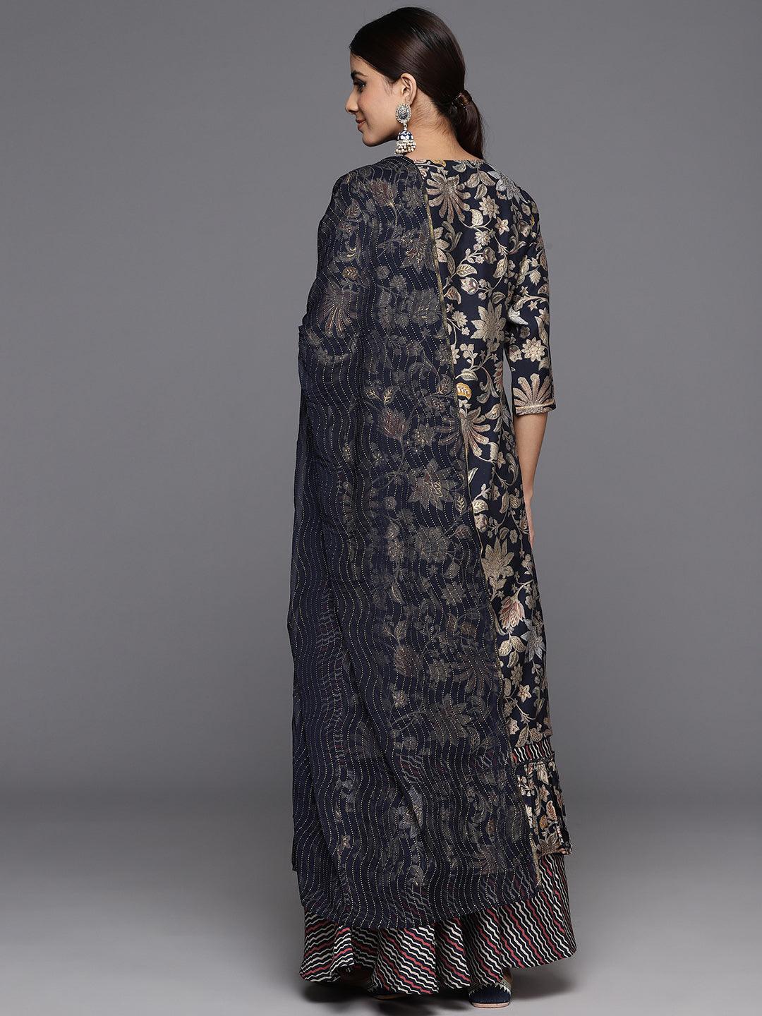 Blue Printed Silk Blend Straight Kurta With Skirt & Dupatta - ShopLibas
