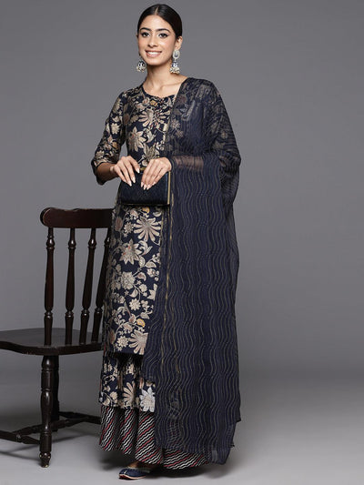 Blue Printed Silk Blend Straight Kurta With Skirt & Dupatta - ShopLibas