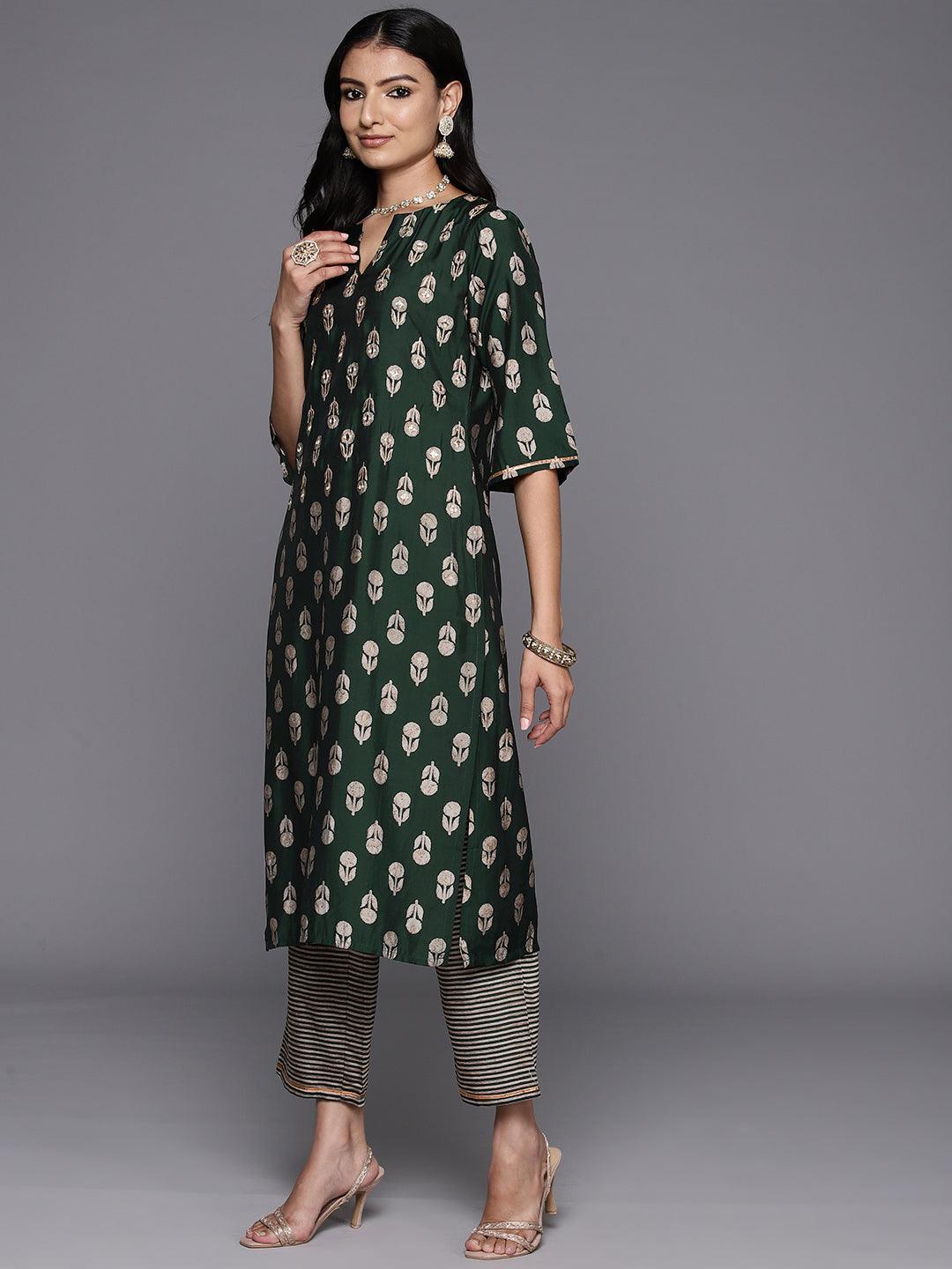 Green Printed Silk Blend Straight Kurta With Trousers & Dupatta - ShopLibas