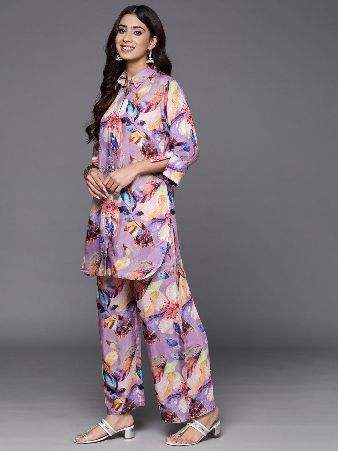 Purple Printed Cotton Blend Shirt With Palazzos - ShopLibas 