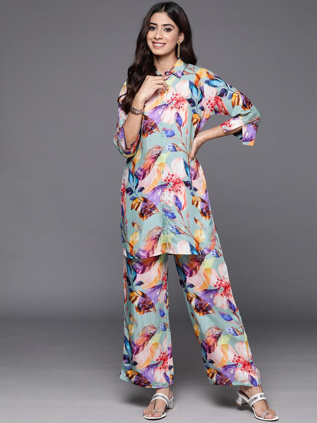 Grey Printed Cotton Blend Shirt With Palazzos - ShopLibas 