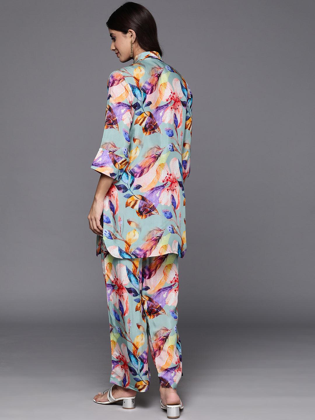 Grey Printed Cotton Blend Shirt With Palazzos - ShopLibas 