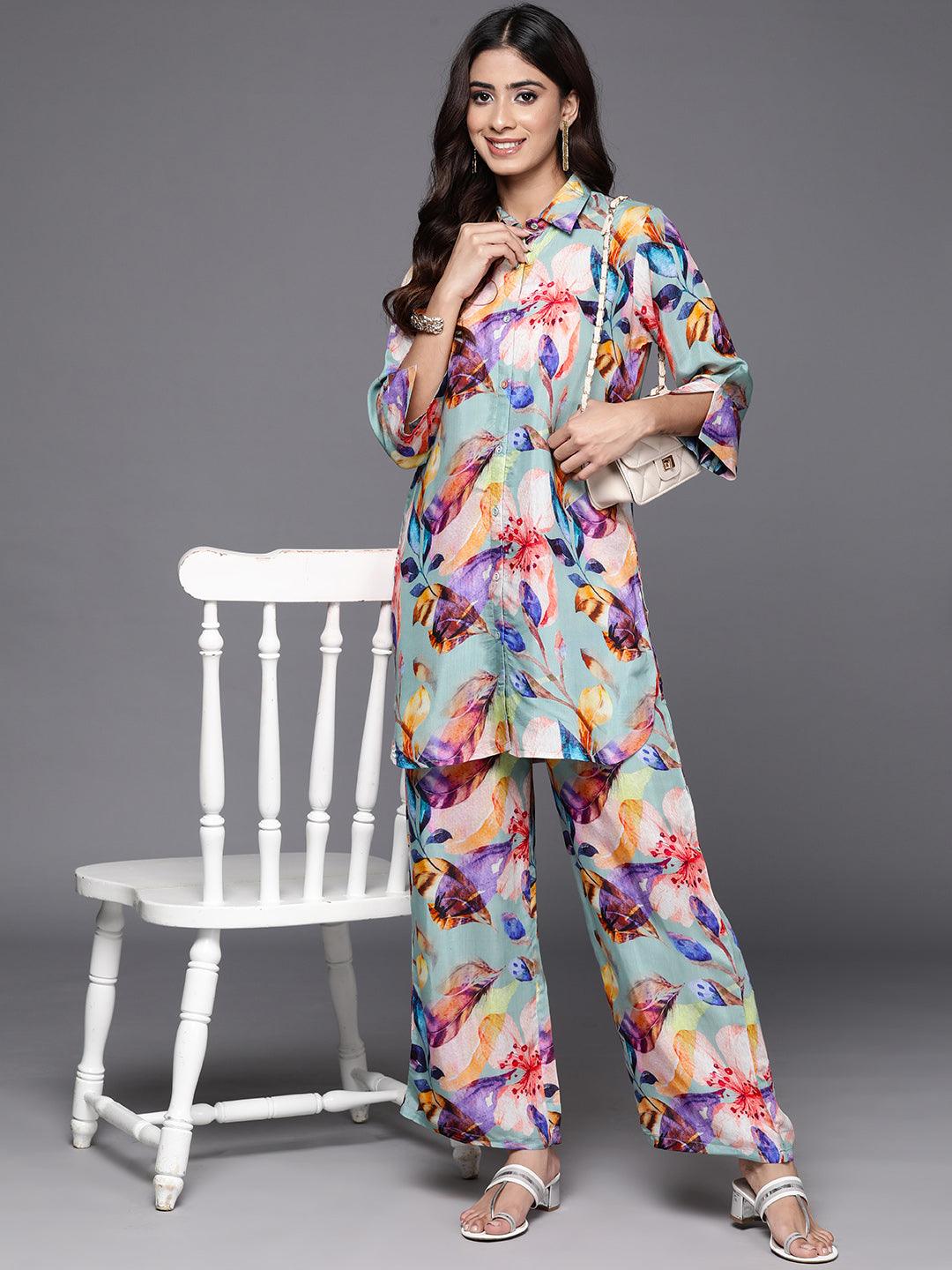 Grey Printed Cotton Blend Shirt With Palazzos - ShopLibas 