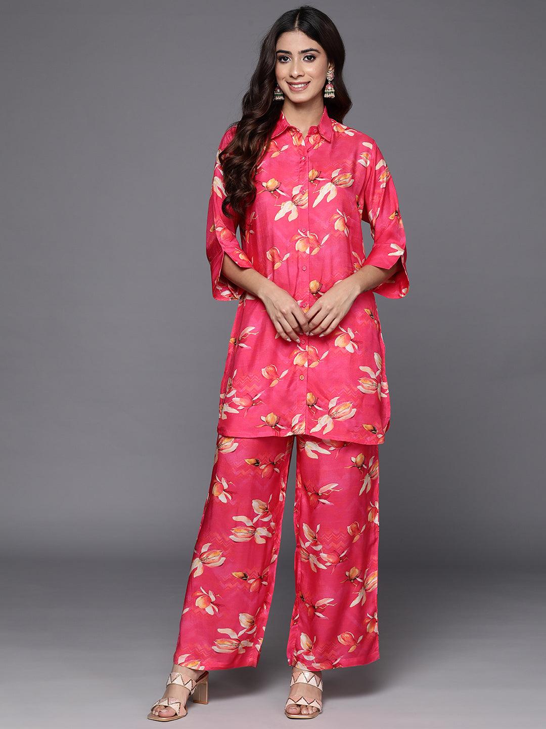 Pink Printed Cotton Blend Shirt With Palazzos - ShopLibas 