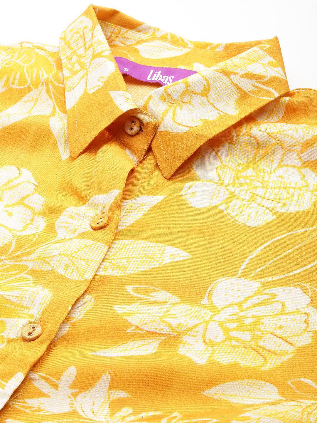 Mustard Printed Cotton Blend Shirt With Palazzos - ShopLibas 
