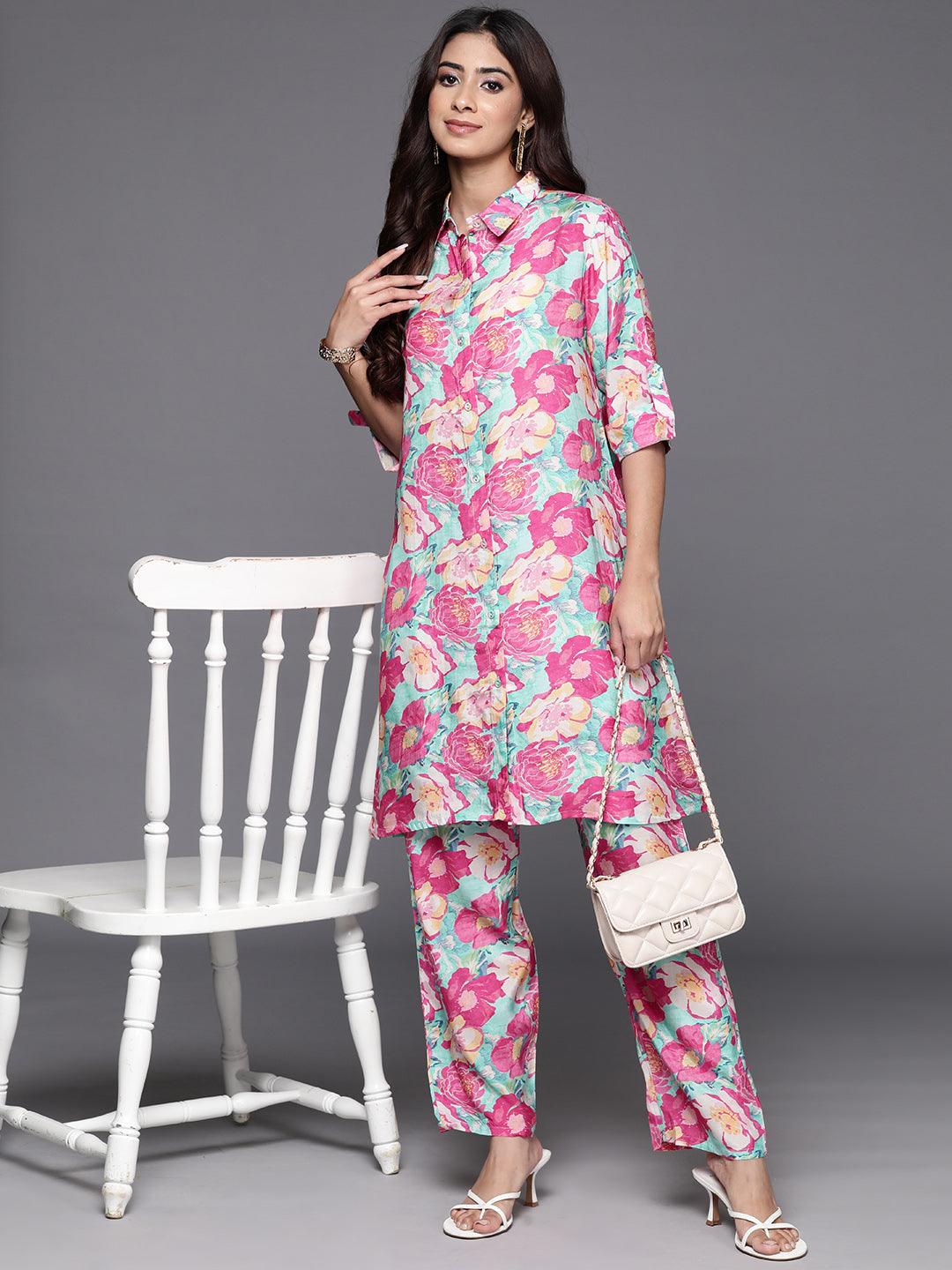Pink Printed Cotton Blend Tunic With Palazzos - ShopLibas 