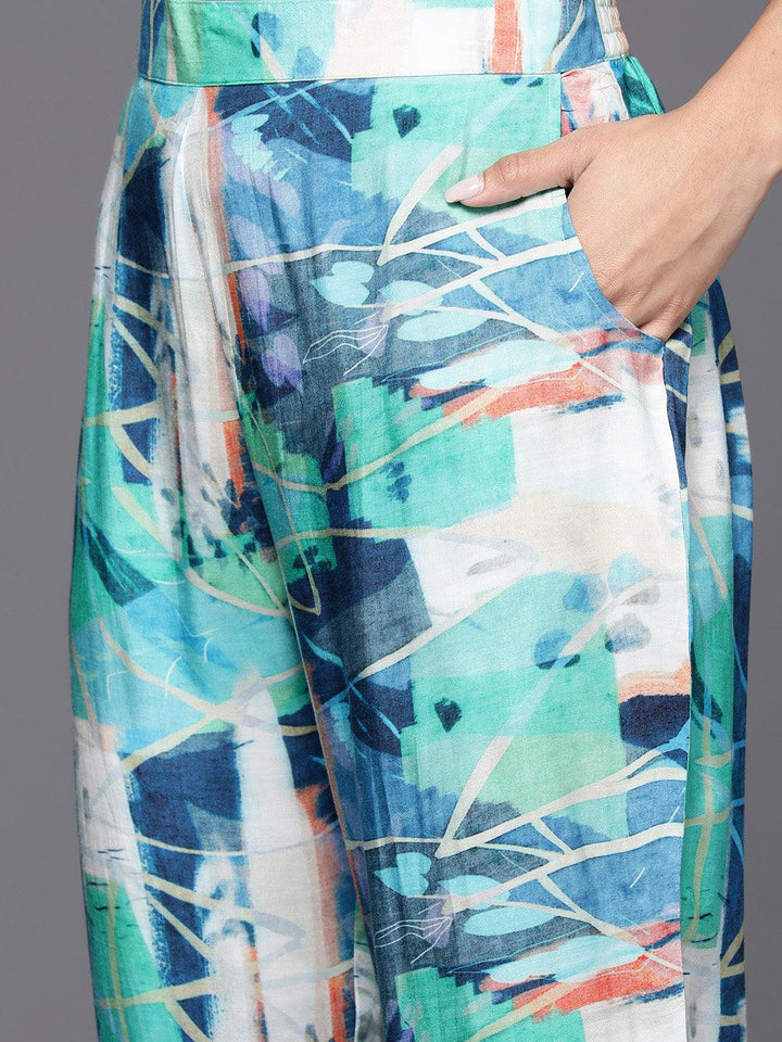 Blue Printed Cotton Blend Tunic With Palazzos - ShopLibas