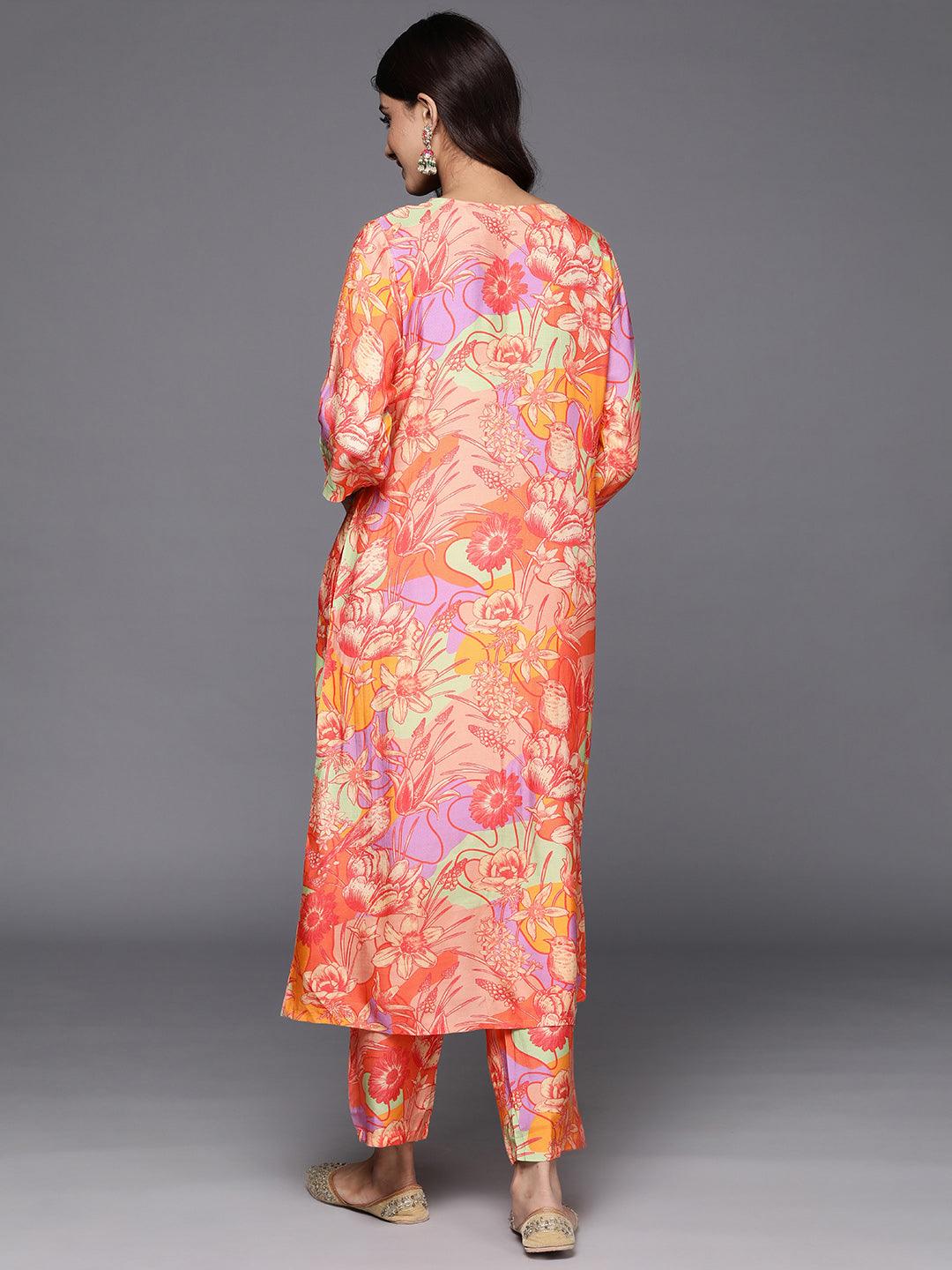 Orange Printed Cotton Blend Tunic With Palazzos - ShopLibas 