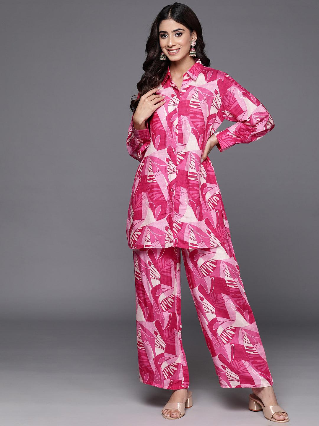 Pink Printed Cotton Blend Shirt With Palazzos - ShopLibas 