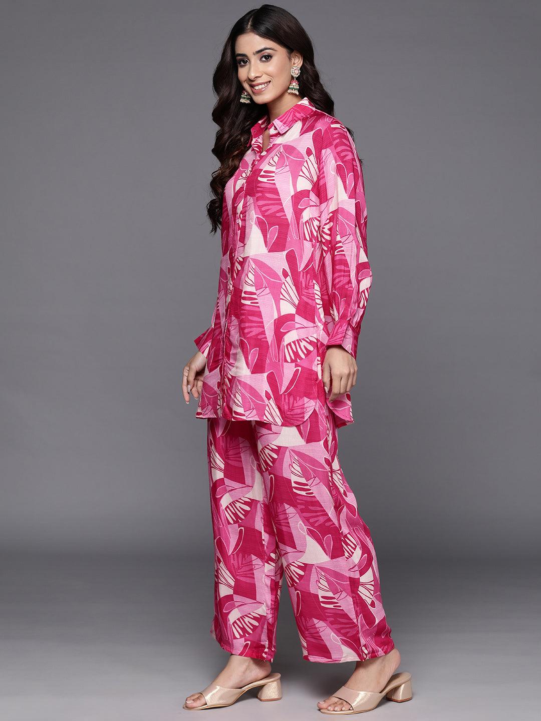Pink Printed Cotton Blend Shirt With Palazzos - ShopLibas 