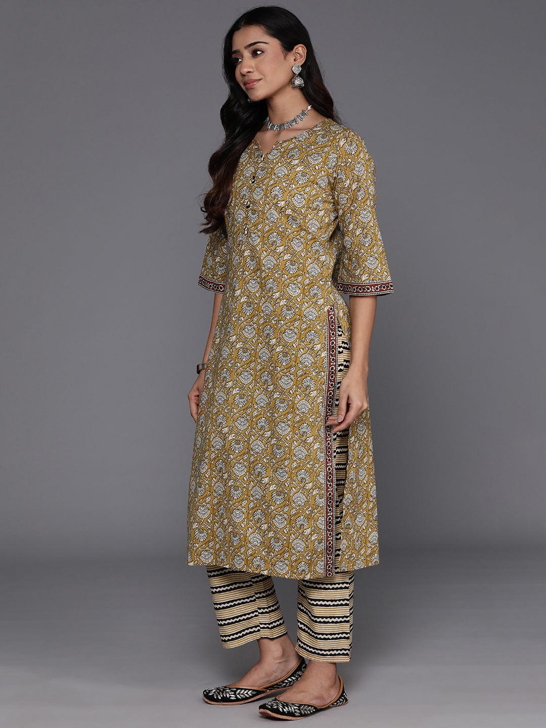 Mustard Printed Cotton Straight Kurta With Palazzos & Dupatta - ShopLibas 