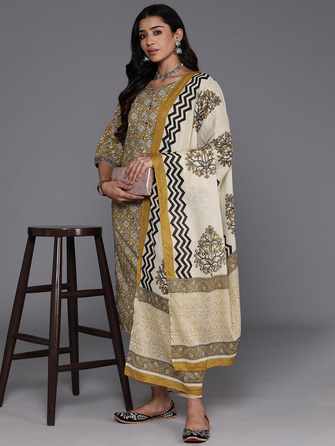 Mustard Printed Cotton Straight Kurta With Palazzos & Dupatta - ShopLibas 