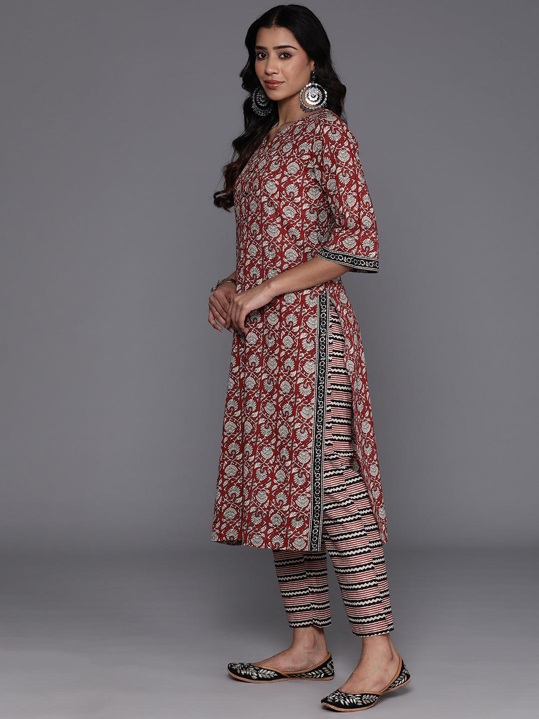 Maroon Printed Cotton Straight Kurta With Palazzos & Dupatta - ShopLibas 