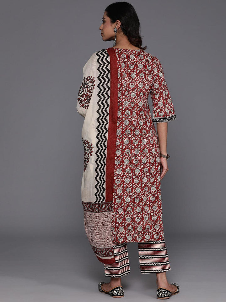Maroon Printed Cotton Straight Suit With Dupatta
