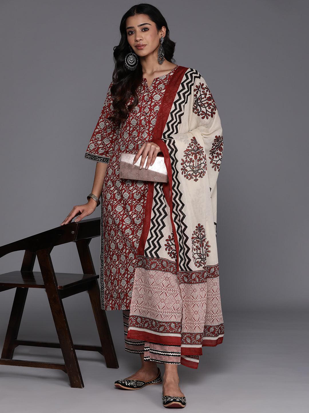 Maroon Printed Cotton Straight Kurta With Palazzos & Dupatta - ShopLibas 