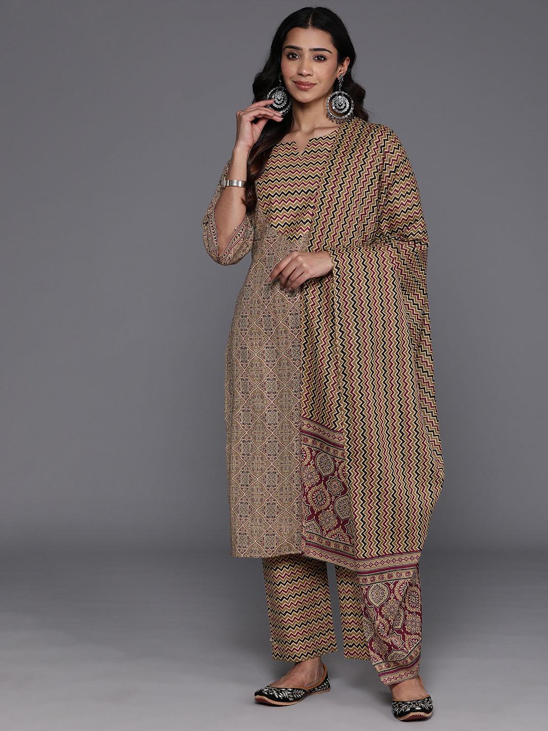 Olive Printed Cotton Straight Kurta With Palazzos & Dupatta - ShopLibas 