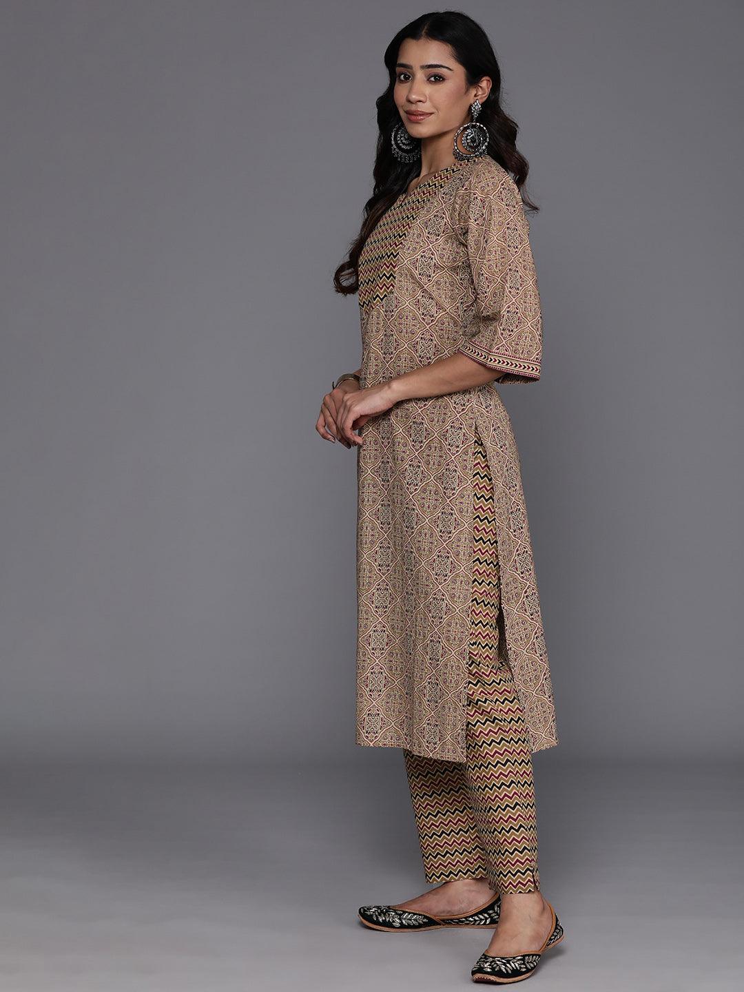 Olive Printed Cotton Straight Kurta With Palazzos & Dupatta - ShopLibas 
