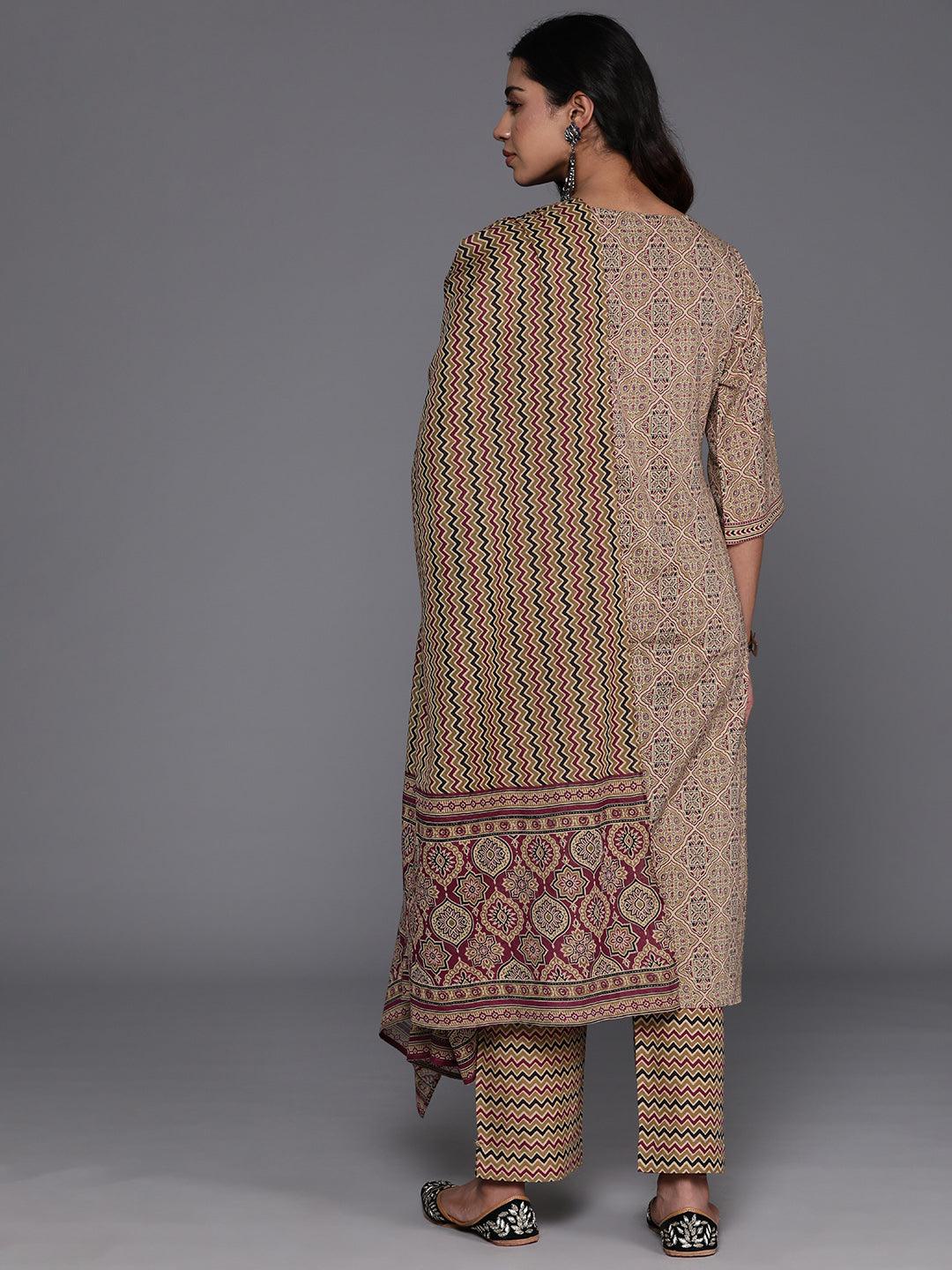 Olive Printed Cotton Straight Kurta With Palazzos & Dupatta - ShopLibas 