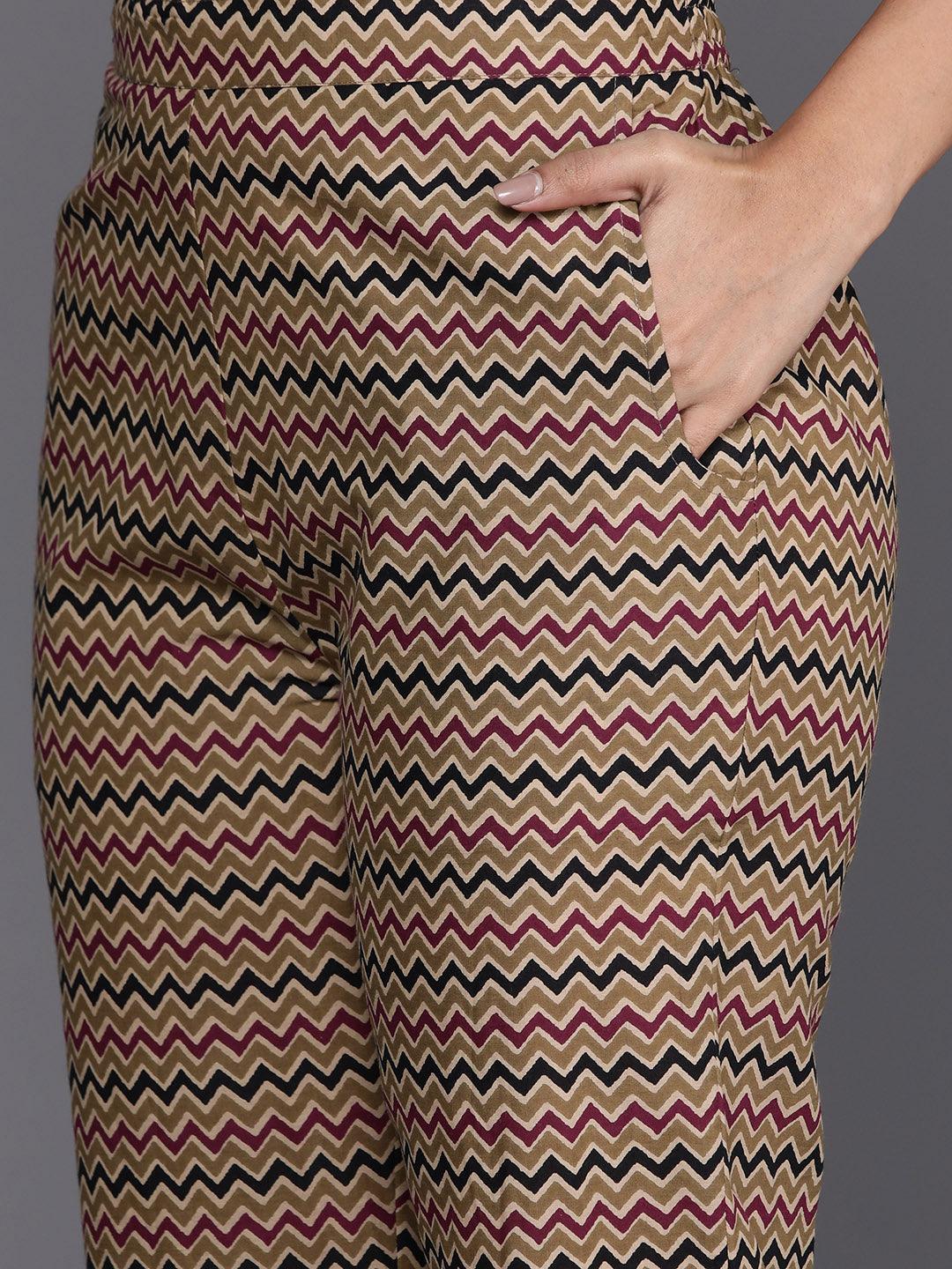Olive Printed Cotton Straight Kurta With Palazzos & Dupatta - ShopLibas 