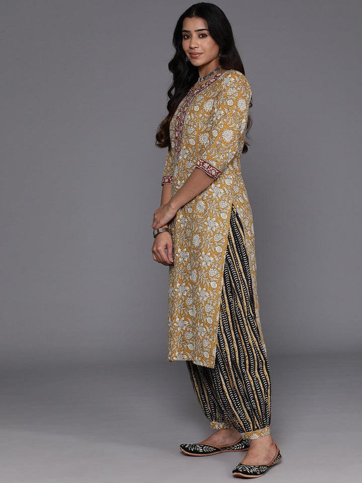Mustard Printed Cotton Straight Kurta With Salwar & Dupatta - ShopLibas