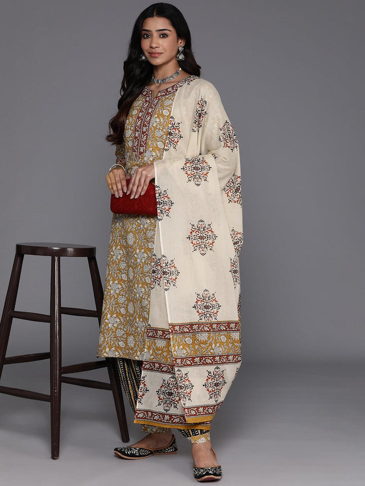 Mustard Printed Cotton Straight Kurta With Salwar & Dupatta - ShopLibas