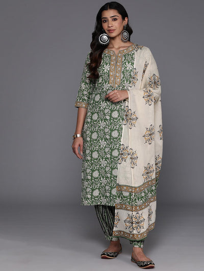 Green Printed Cotton Straight Kurta With Salwar & Dupatta - ShopLibas