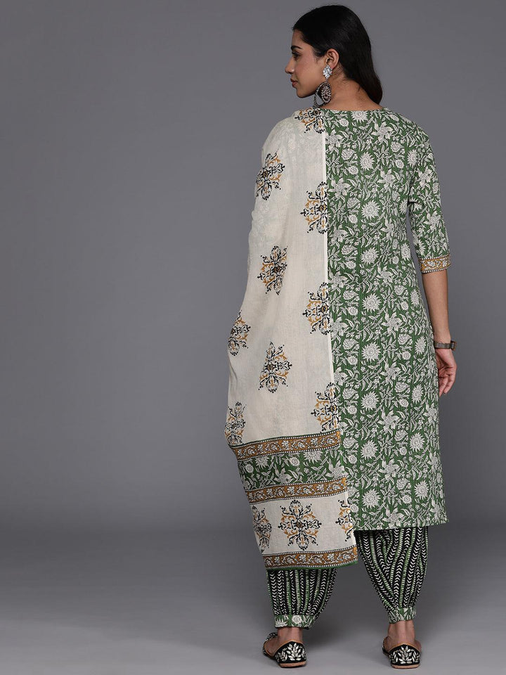 Green Printed Cotton Straight Kurta With Salwar & Dupatta - ShopLibas