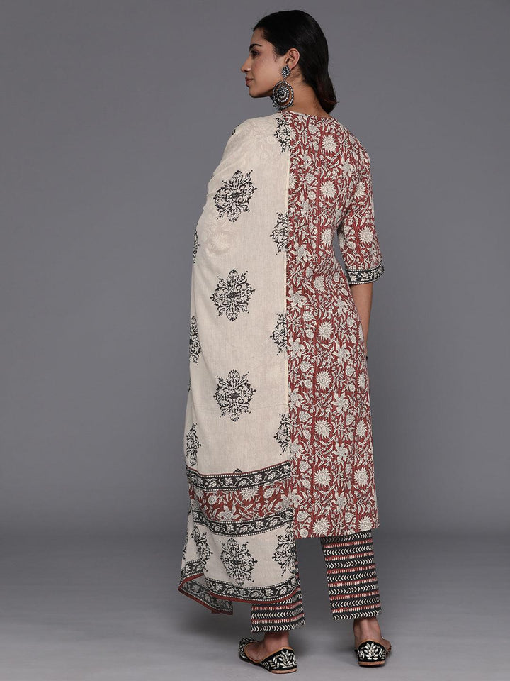 Maroon Printed Cotton Straight Suit With Dupatta