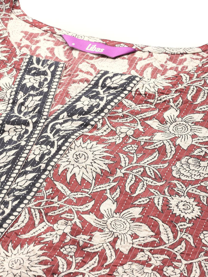 Maroon Printed Cotton Straight Suit With Dupatta
