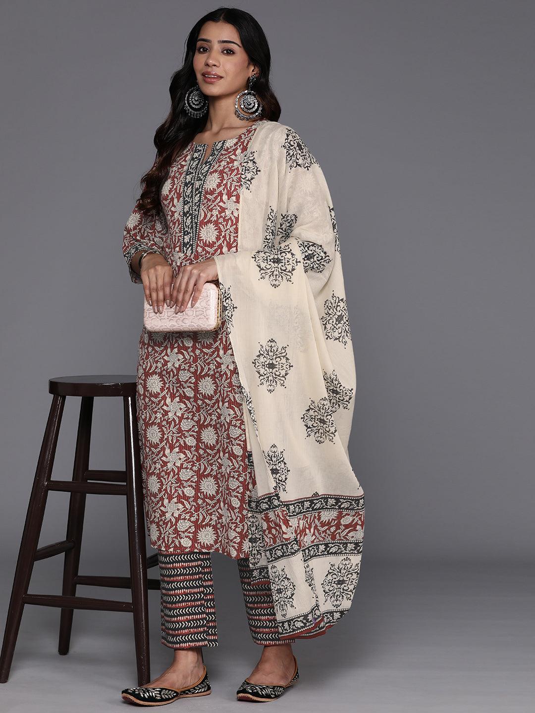 Maroon Printed Cotton Straight Kurta With Palazzos & Dupatta - ShopLibas 